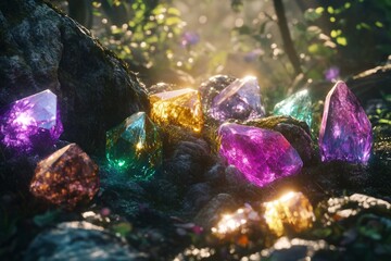 Radiant gems nestled in a mossy forest