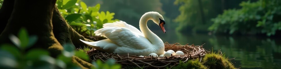 Large white swan brooding over clutch of eggs in secluded nest , pond, habitat, swan