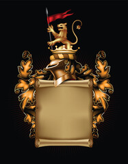 Old parchment decorated with heraldic lion, helmet and golden leaves. Black background. Highly realistic illustration.