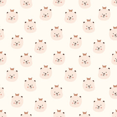 Seamless kids pattern cute adorable crowned bears, kids design. Vector illustration