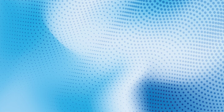 Abstract halftone background with wavy surface made of blue dots on white modern mesh background