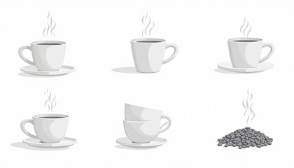 Coffee Cup Collection: A set of six illustrations showcasing steaming coffee cups and coffee beans, perfect for cafe menus or coffee-themed designs. 