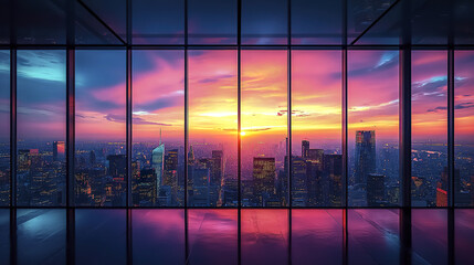 Fototapeta premium stunning view of city skyline sunset, showcasing vibrant colors reflecting through large windows