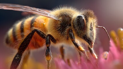 Extreme Close-Up of Honeybee on Flower Petal in Hyperrealistic Detail with Soft Background Colors