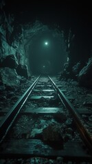 Eerie Abandoned Tunnel with Bent Rails and Shattered Rocks Leading to Flickering Light in the Dark | Desolate Underground Passage Concept