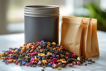 Artisanal Tea Blend with Container and Pouches: Colorful fragrant and freshly packed