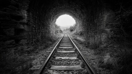 Fototapeta premium Surreal Abandonment: Decaying Railway Track in Shadowed Stone Tunnel with Glowing Exit Light