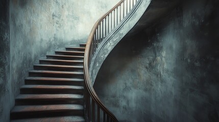 A weathered, curved staircase ascends alongside a textured, distressed wall in a dimly lit, moody interior.