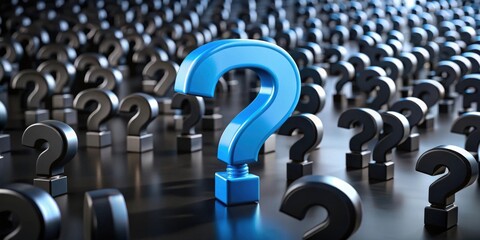 A single blue question mark stands out among numerous dark gray question marks, symbolizing unique solutions and innovative thinking.