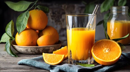 Freshly Squeezed Orange Juice in a Glass Surrounded by Fresh Oranges on a Rustic Wooden Table