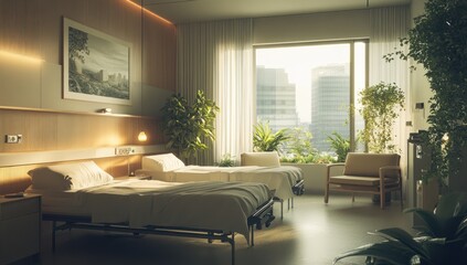 Fototapeta premium Serene Hospital Room with City View: Modern Healthcare Design