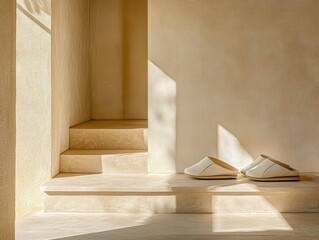 Interior steps with light beige tones and simple footwear.