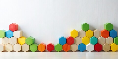 Colorful Hexagon Wooden Blocks Arranged in a Wave Pattern on a White Background