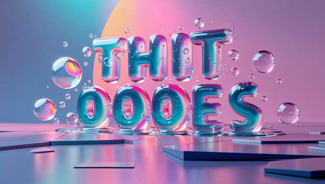 Glossy letters forming the word thit ooes with water droplets and reflections