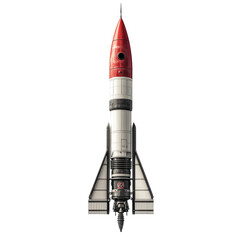 Obraz premium A 3D rendering of a vintage-style rocket, ready to ascend, displaying its structural components.