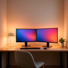 Fototapeta premium Minimalist Home Office with Smart Lighting and Dual Monitors