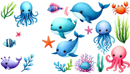Set of colorful fishes - colorful watercolor image