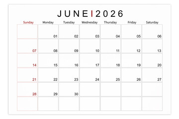 June 2026 Blank calendar page isolated on white background, Save clipping path.