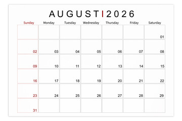 August 2026 Blank calendar page isolated on white background, Save clipping path.