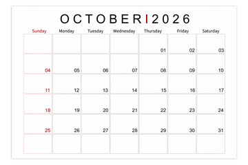 October 2026 Blank calendar page isolated on white background, Save clipping path.