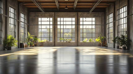 Spacious industrial interior with large windows and greenery, perfect for exhibitions