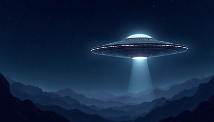 Obraz premium Mysterious Encounter: A gleaming spacecraft hovers silently above an alien landscape, illuminated by a soft, ethereal glow, evoking a sense of wonder and the unknown.