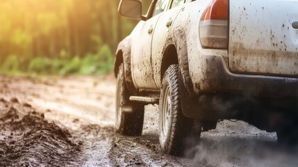 Rugged terrain detail with visible trail lines and dusty driving tracks, showcasing dry ground texture and offroad route patterns under harsh conditions, evoking movement, isolation and natural grit