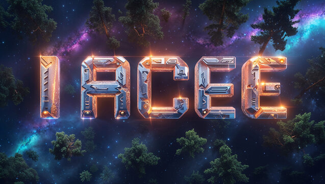 Metallic ia gee text with nebula and trees scifi landscape design