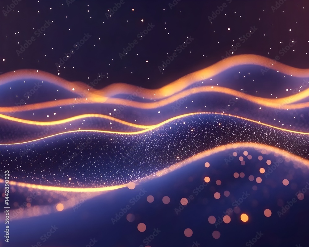 Poster abstract wave pattern with glowing orange lines and sparkling particles on a dark blue background