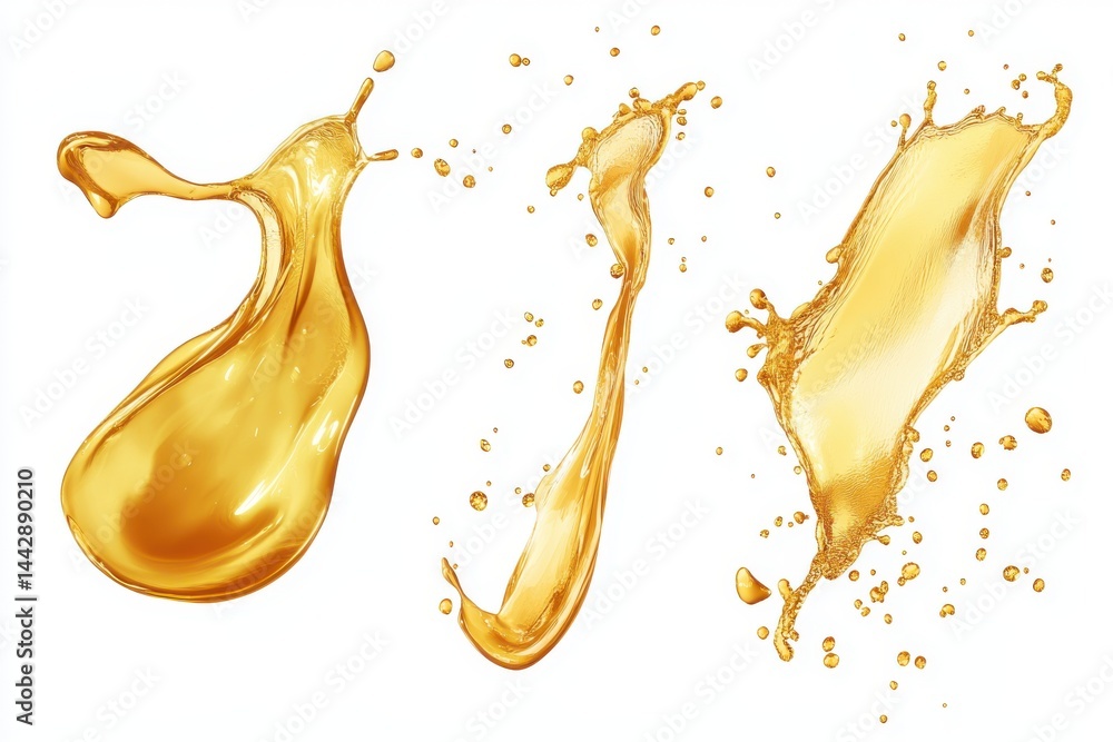 Poster three dynamic golden liquid splashes isolated against a clean white background creating a fluid moti
