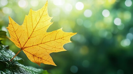 Fototapeta premium Golden autumn maple leaf with dew against sunlit bokeh background