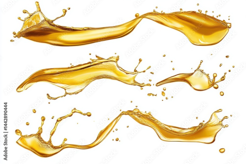 Aufkleber golden liquid splashes and droplets isolated on a white background in dynamic compositions