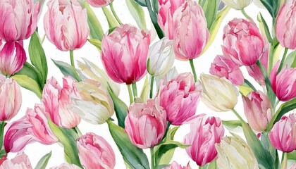 Obraz premium tilips pink and white flowers watercolor on white background seamless pattern for fabric, 