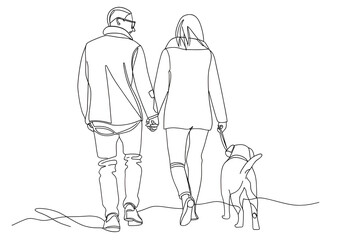 sketch of a couple, couple with dog walking, 