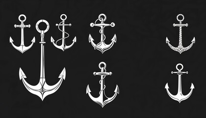 Naklejka premium Anchors on Black: A collection of detailed anchor illustrations, each one meticulously rendered, arranged against a stark black backdrop. showcasing timeless maritime elements.