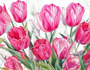 Obraz premium tilips pink and white flowers watercolor on white background seamless pattern for fabric, 