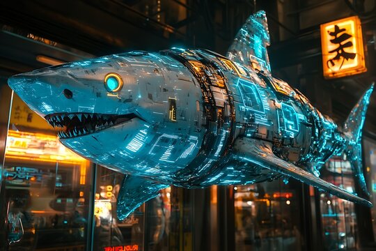 Futuristic shark robot on city street at night. Possible stock photo use Backgrounds, posters