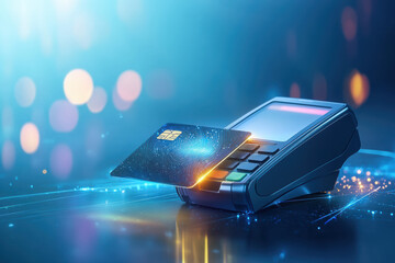 A cutting-edge digital payment system with a credit card featuring a glowing microchip. The card's seamless connection to a sleek POS terminal signifies the future of electronic transactions.