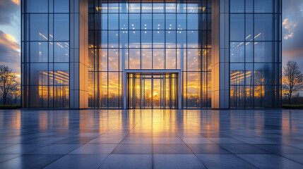Fototapeta premium modern urban building entrance with large glass panels reflecting sunset