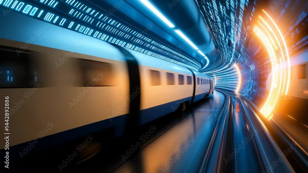 Poster illuminated technological tunnel with moving train. dynamic perspective showcasing motion blur and d