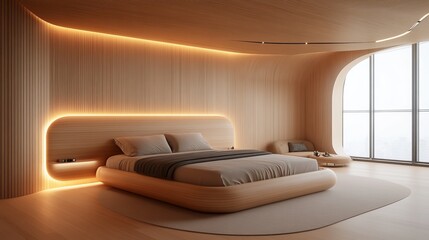 Fototapeta premium Modern Minimalist Bedroom Design Wooden Bed with Integrated Nightstand and Warm LED Lighting