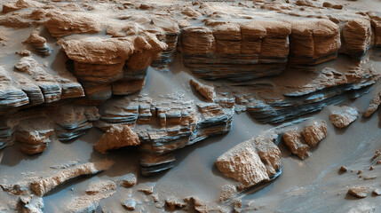 Layered sedimentary rocks in a Martian canyon with water ripple patterns, revealing ancient habitable planet evidence