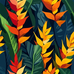 Tropical Floral Delight an artistic illustration captures a vibrant and immersive pattern of lush tropical plants, showcasing a variety of striking, brightly colored flowers amid dense.