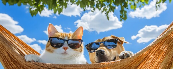 Cat and dog relaxing together in a hammock wearing sunglasses
