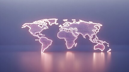 Glowing, pixelated world map on a reflective surface