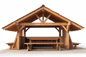 Wooden pavilion with seating on white background