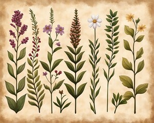 Vintage Botanical Illustration Victorian Floral Print A vibrant collection of hand-drawn botanical illustrations showcasing various flowers.