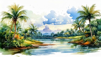 Fototapeta premium Watercolor Florida Hawaii Landscape Painting Illustration on White Background 