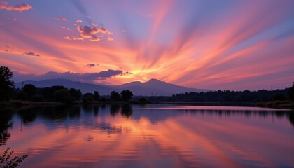 Obraz premium Dramatic Sunset Reflections Over Calm Lake