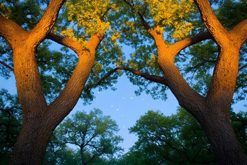 Fototapeta premium Majestic Oak Trees Canopy at Sunset with Starry Night Sky View